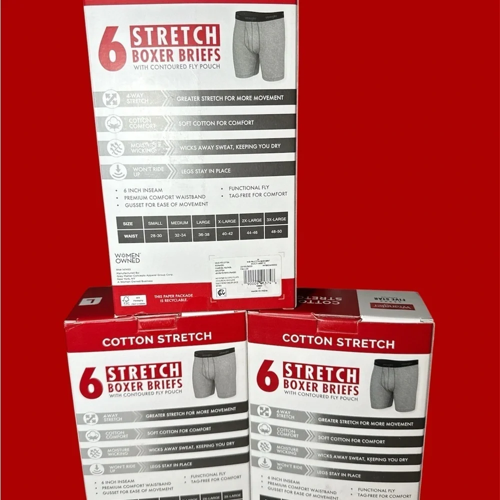 NEW-Wrangler 6 packMen's Boxer Briefs Cotton Stretch Black Gray Red S,M,L,XL